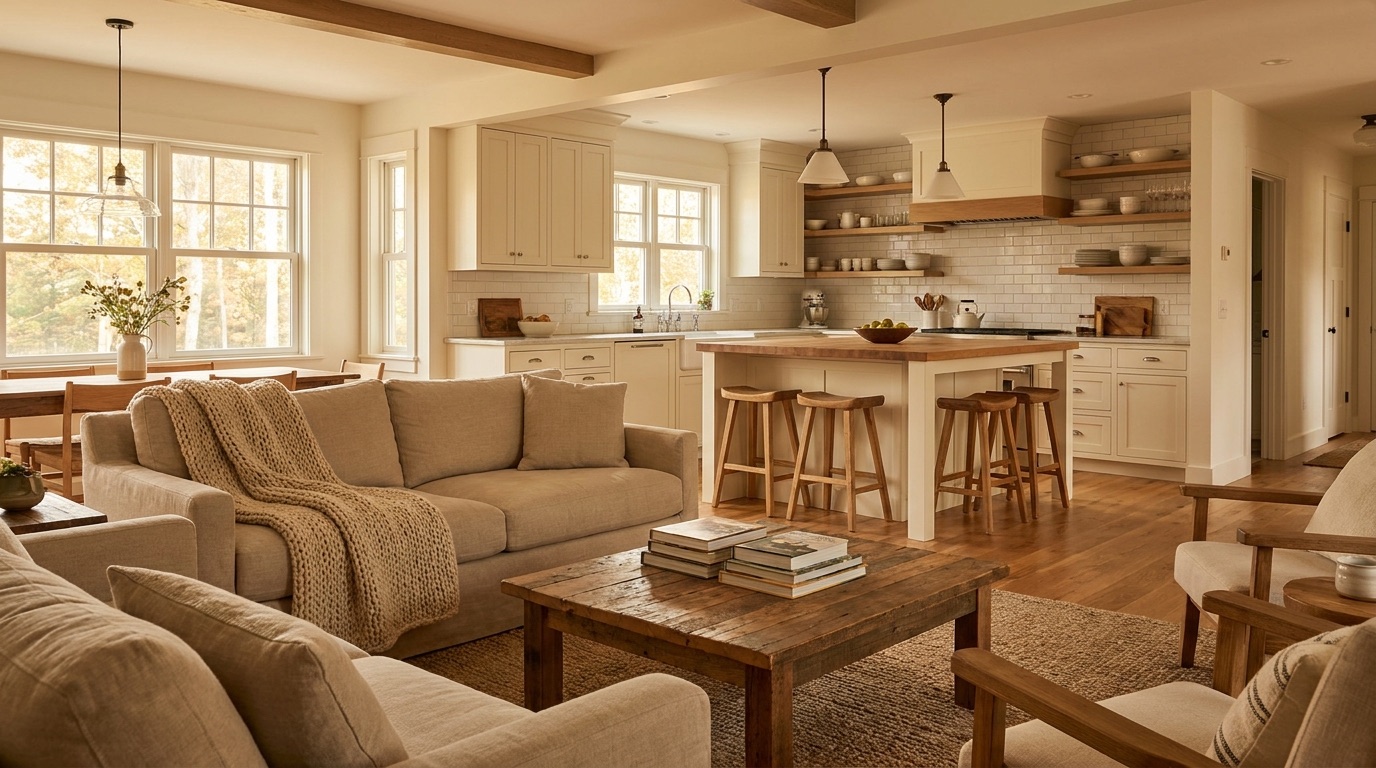 Warm renovated open living room and kitchen
